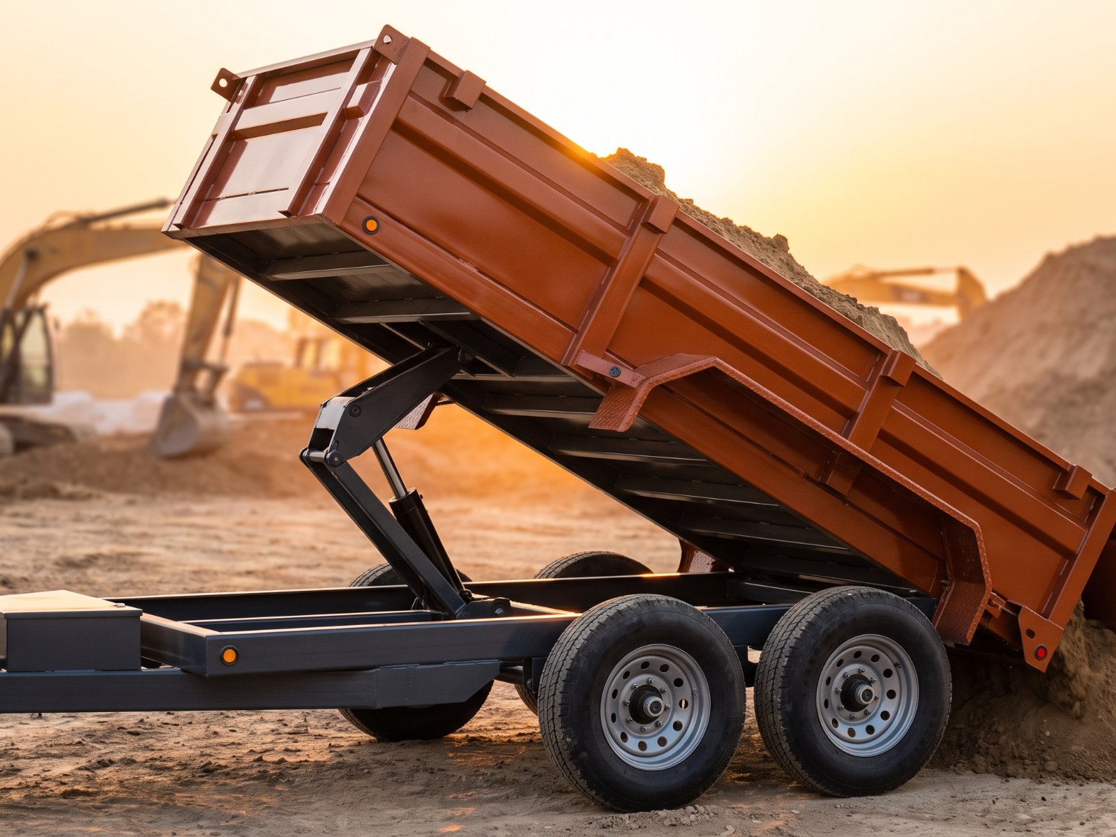 14x7 dump trailer with its bed raised, dumping fill dirt at a job site near Las Cruces at sunset
